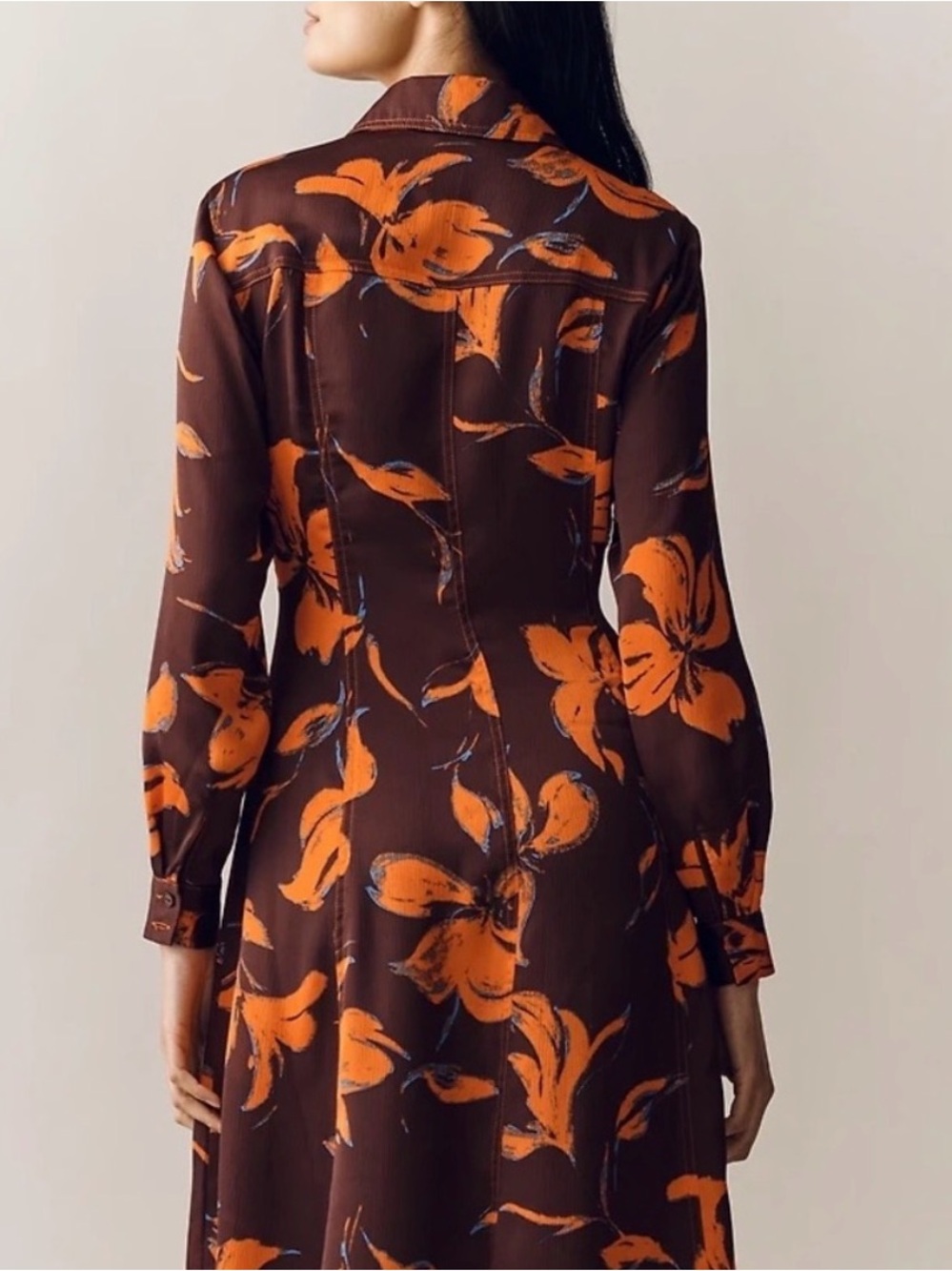 NWT* Anthropologie Maxi Shirt Dress in Dark Brown with Orange Floral Print - Picture 2 of 3